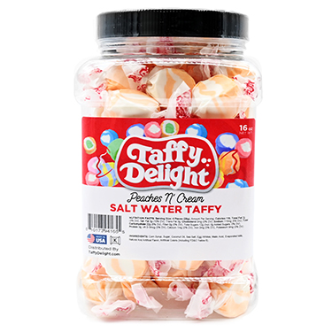 Taffy Delight Peaches n Cream Flavored Salt Water Taffy 16oz Jar 